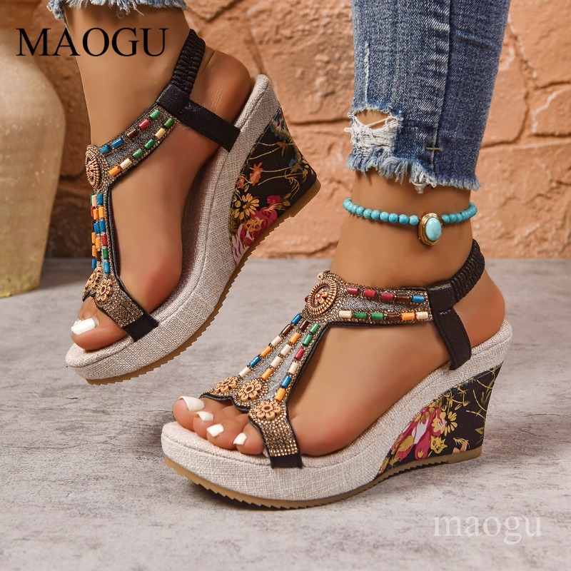 Ethnic Modern Fashion - Boho Perlenverzierte Blumen-Keilsandalen für Damen Offene