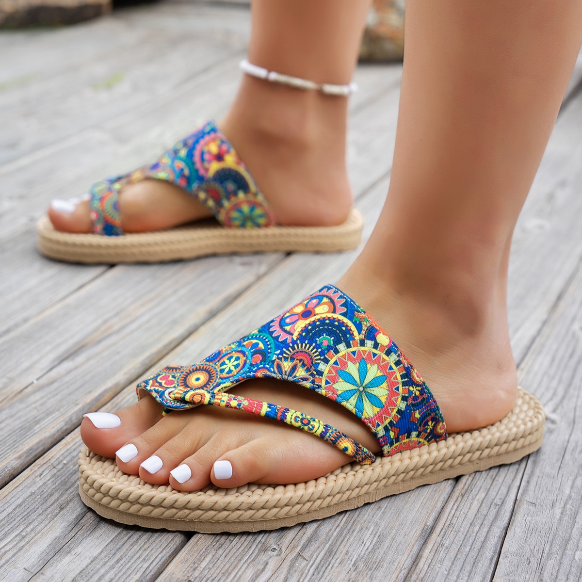 Ethnic Modern Fashion - Damen-Slipper mit offener Zehenpartie, bunte Strandschuhe,