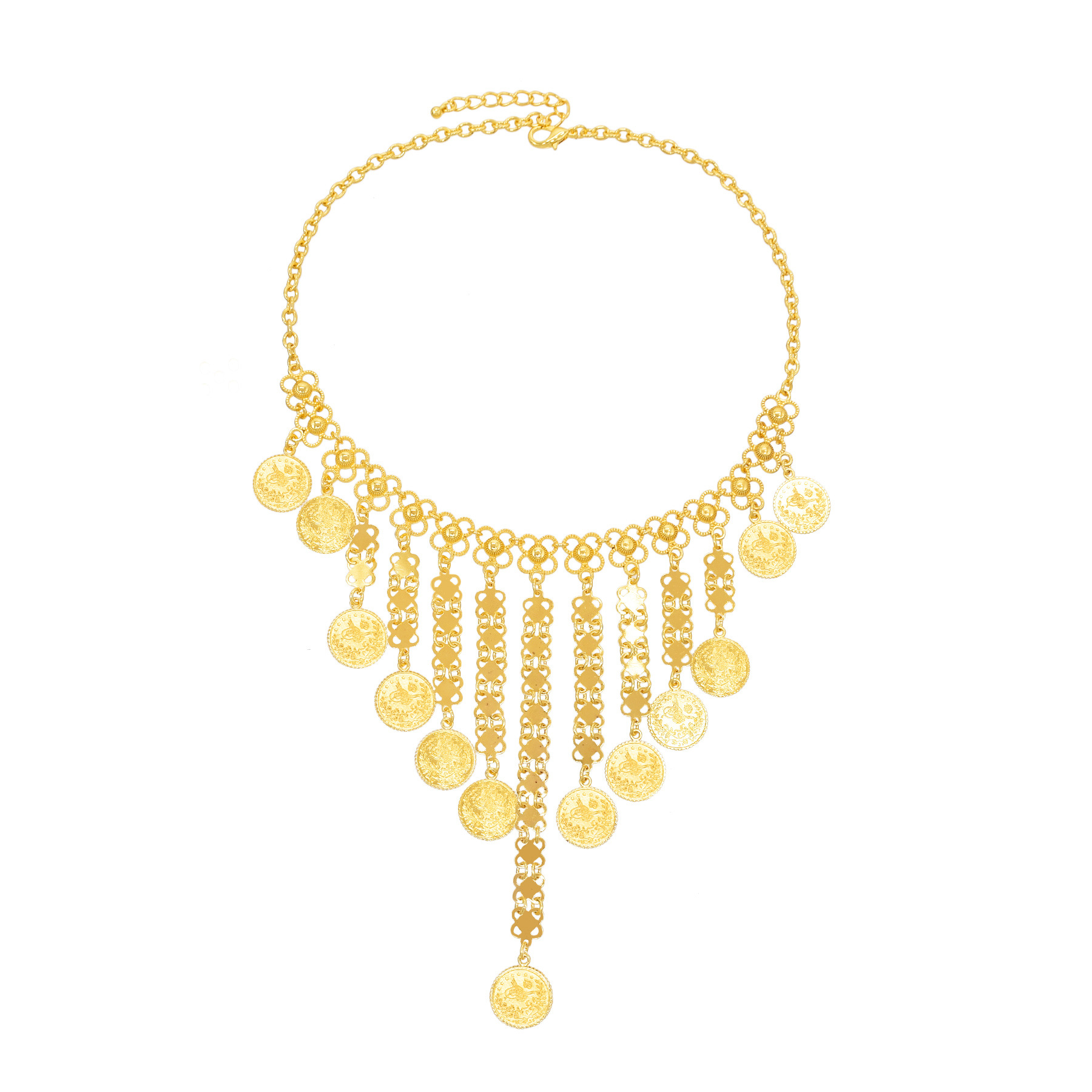 Goldfarbene Münzen, lange Kett – Ethnic Fashion Co In Bewertung und Preis